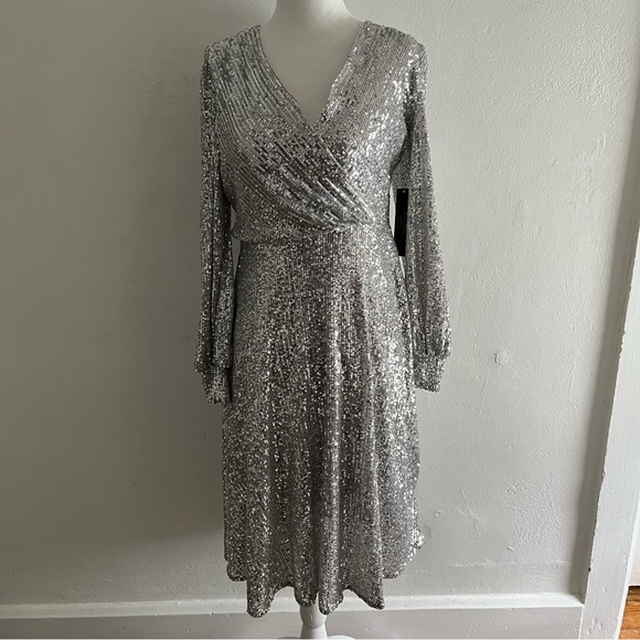 Tahari Dresses & Skirts - Tahari ALS Stretch Allover Silver Sequin Faux Wrap Midi Dress Size 2